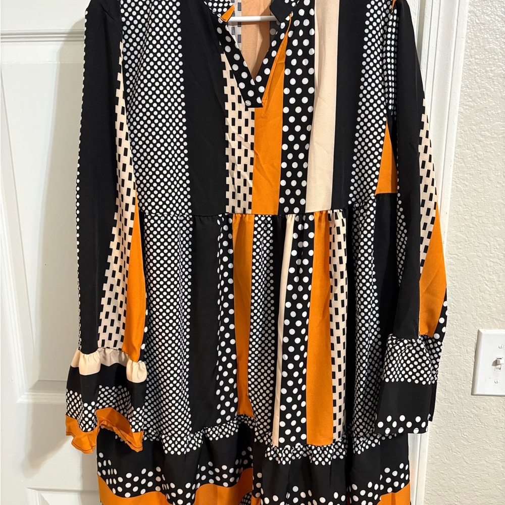 SHEIN Long Sleeve Polka Dot Striped Dress - Black, Orange, Cream